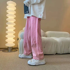 Threebooy Summer Pink Jeans Men Fashion Retro Pocket Cargo Jeans Men Streetwear Hip Hop Loose Straight Denim Pants Mens Trousers S-3XL