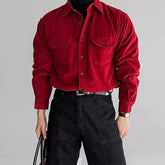 Threebooy New Korean Fashion Men's Red Shirts Textured Corduroy Solid Color Long Sleeve Blouse Light Luxury Wedding Occasion Streetwear