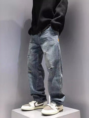 Threebooy New Men's Ripped Jeans Baggy Straight Fashion Vintage Blue Denim Pants Personality Streetwear Hip Hop High Quality Male Trousers