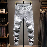 Threebooy Spring and Autumn Fashion Trend Fashion Ripped Straight Stretch Jeans Men's Casual Slim Comfortable Breathable Small Legs Pants