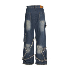 Threebooy Mens Star Tassel Jeans Streetwear Hip Hop Multi Pockets Denim Pants Men 2025 Spring New Harajuku Washed Blue Cowboy Trousers