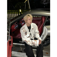 Threebooy White Denim Handsome Short Jacket Men Flame Splicing Jeans Jacket Coats Casual Pockets Bomber Jacket Streetwear Man Clothing