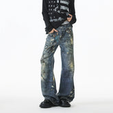 Threebooy Jean Men Unique Design Graffiti Street Style Drag Jeans Urban Trendy Fashion Distressed Long Fit Casual Denim Pants Edgy Hip Hop