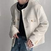 Threebooy Korean Style Fashionable Tweed Round Neck Jacket Men Japanese Trendy High-end Single-breasted Short Jacket with Temperament