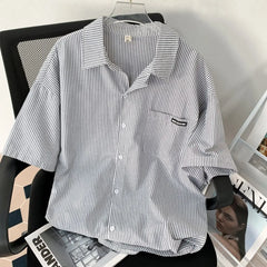 Threebooy Japanese Striped Fashionable Short-sleeved Shirt Men Summer Thin Fashion Loose and Versatile Student Casual Shirt Aesthetic