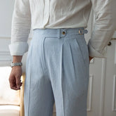 Threebooy Men's Luxury Naples Slim-fit Thin Blue Striped Dress Pants Solid Color British Retro Premium Elegant Leisure High Waist Trousers