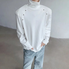 Threebooy Rivet High Collar White Y2k Long-Sleeved T-Shirt Mens Spring And Autumn Street Fashion Casual Inner Bottoming Shirt Pullover Top