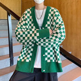 Threebooy Autumn Vintage Checkerboard Cardigan Long-sleeved Button Sweater Men's Preppy Casual Knitwear Jacket Unisex Streetwear