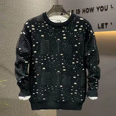 Threebooy Mens Sweater Cotton Hollow Contrast Color Knitted Sweater Fashion Streetwear Trend Youth Casual Long Sleeve Top Men'S Clothing
