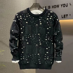 Threebooy Mens Sweater Cotton Hollow Contrast Color Knitted Sweater Fashion Streetwear Trend Youth Casual Long Sleeve Top Men'S Clothing
