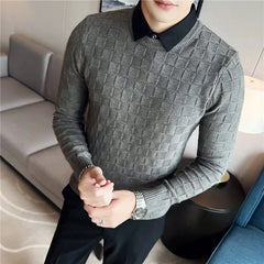 Threebooy Fake 2 piece Shirt Collar Casual Knitting Sweaters/Male Slim Fashion Round Collar Pullover/Men Jacquard Plaid Knit Shirt