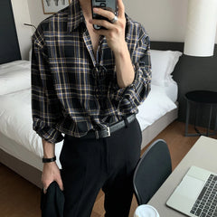 Threebooy Men Casual Plaid Shirts Single Breasted Long Sleeve Loose Blouse Male Korean Chic Streetwear Fashion All-match Outwear BF