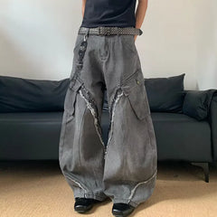 Threebooy Autumn/Winter Korean Vintage Splicing Hairy Zipper Micro Horn Jeans Men's Loose Straight Leg Pants Fashion High Street Jeans