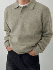 Threebooy Solid Color Men's Loungewear Pullover, Fall Winter Long Sleeve Lapel Button-Up, Old Money Style Loose Warm Top