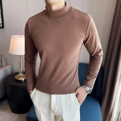 Threebooy New Style Male Spring High Quality Slim Casual Long Sleeve T-shirts/Men Fashion High Collar Pure Color Leisure T-shirt 3XL