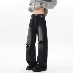 Threebooy Straight Loose Wide Leg Jeans Mens Washed Classic Trousers Ripped Destroyed Drag Floor Length Bulk Wholesale Trendy Streetwear