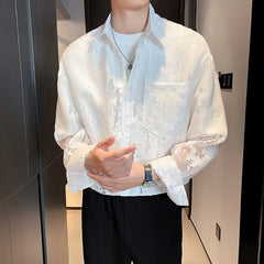 Threebooy Summer Fashion White Mesh Shirt Men Transparent Printing Casual Loose Long Sleeve Tops Streetwear Lapel Party Clubwear Tops