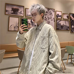 Threebooy Autumn Winter Geometry Long-sleeved Shirt Men Fashion Social Mens Shirts Korean Loose Casual Blouse Men Oversized 5XL-M