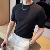 Threebooy Summer Lyocell Ice Silk Striped T-shirt Men Round Neck Knitted Short Sleeve T-shirt Slim Fit Casual Business Versatile Tee Tops