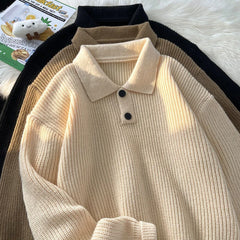 Threebooy Autumn Clothing Men's Luxury Knitted Pullovers Sweater Long Sleeve Polo Shirt Texture Lapel Premium Solid Color Fashion Knitwear