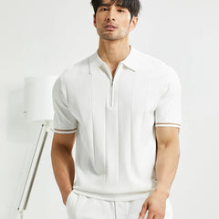 Threebooy Men's Casual Zipper Polo Shirt Solid Color Texture Lapel Breathable Leisure Tees for Men Summer Light Luxury Knitwear New