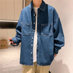 Threebooy Denim Long-sleeved Shirt Men's Solid Color Autumn Korean Style Trendy Simple Shirt Hong Kong Style Loose and Handsome Ins Jacket