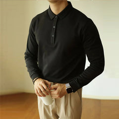 Threebooy New American Retro Men Polo Shirt Light Luxury Solid Color Slim-fit Commuting Long Sleeve T-shirt Leisure Business Pullover Tops