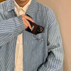 Threebooy Men's Metal Decoration Long Sleeves Denim Shirts Fashion Trend Blue Color Clothes Cowboy Shirts Camisa Masculina M-5XL