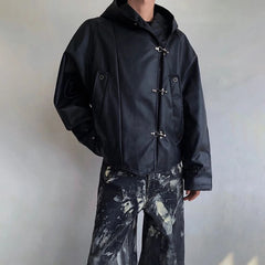 Threebooy Mens Pu Leather Jacket Metal Buckle Hooded Pu Coat Fashion Streetwear Temperament Trend Casual Long-Sleeve Tops Men'S Clothing