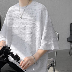 Threebooy Summer Chic Fashion Holes T-Shirts For Men Clothing Short Sleeve O-Neck Loose Casual Solid Color Tee Shirt Homme Streetwear