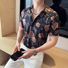 Threebooy Summer New Printed Ice Silk Shirt High-quality Luxury Fashion Men's Slim Fit Business Casual Short Sleeved Shirt Homme 4XL-M