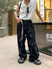 Threebooy Artificial Hand-painted Lettering Graffiti Black Denim Trousers Men Straight Pants