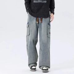 Threebooy 2025 Spring Men and Women Trendy workwear Straight leg denim pants for couples American hip-hop washed personalized casual pants