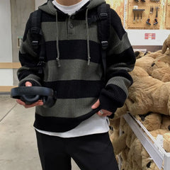 Threebooy Striped Sweater Men's Hoodies Autumn Winter Vintage Korean Knitwear Top Stripe Splicing Loose Knitted Sweater Pullover Jumper