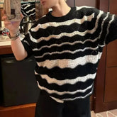 Threebooy Mens Knitted T-Shirt Black White Contrast Striped Top Streetwear Hollow Versatile Casual Short-Sleeve Tshirt Men'S Clothing