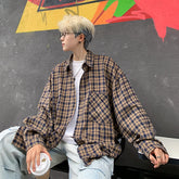 Threebooy Harajuku Long Sleeve Plaid Shirts Men Autumn Loose High Street All-match Shirt Gentleman Camisa Check Tops Stylish 5XL-M