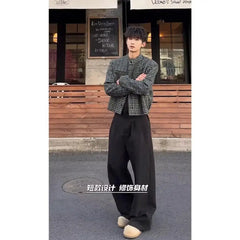 Threebooy Bold Woolen Plaid Suit Jacket Men Spring Autumn Silhouette American Shoulder Pad Jacket Short Black White Suit Top