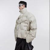 Threebooy Y2K 90s Streetwear Winter Short PU Leather Thick Cotton Jacket Men with Metal Straps Warmth
