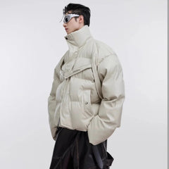 Threebooy Y2K 90s Streetwear Winter Short PU Leather Thick Cotton Jacket Men with Metal Straps Warmth