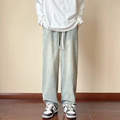 Threebooy Streetwear Men's Elastic Waist Wide Leg Baggy Jeans Korean Fashion New Autumn Retro Oversize Jeans Male Drawstring Design Pants