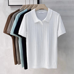 Threebooy New Men's Clothing Luxury Business V Neck Polo Shirt Casual Slim-fit Knitted Solid Color Short Sleeve T-shirt High Quality Tops