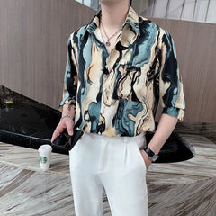 Threebooy Men's Summer Trendy Vintage Tie Dye Print High Street Ice Silk Shirt Casual Lapel Short Sleeve Pocket Loose Chic Handsome Tops