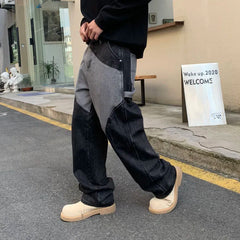 Threebooy Y2K Jeans Men Patchworks Mid Waist Denim American Street Wear Contrast Color Male's Fashion Cargo Jeans