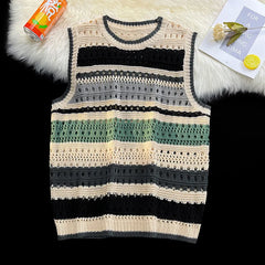 Threebooy Contrast Striped Hollowed Out Knit Tank Top Men's Oversize Summer Japanese Outerwear Layered Bf Couple Knitwear Sleeveless Top