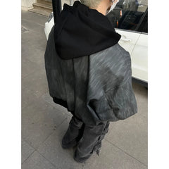 Threebooy American retro workwear jacket men's spring autumn new design fake two-piece hooded leather jacket top