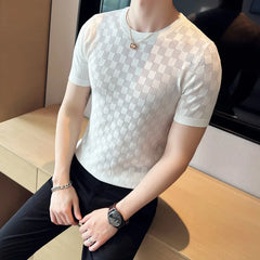 Threebooy Brand Clothing Men's Summer Casual Short Sleeve T-shirt/Male Slim Fit Plaid Fashion Knit T-Shirts Tees Plus Size S-4XL