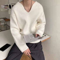 Threebooy Men's Light Luxury Knitted Pullover Sweater Men Casual V Neck Solid Color Long Sleeve Knitwear Streetwear Korean Autumn Clothing