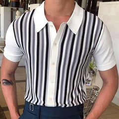 Threebooy Men's Business Striped Knitted Polo Shirt Light Luxury Leisure Turn Down Collar Button Short Sleeve Shirts Breathable Knitwear