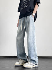 Threebooy Summer Men's Jeans Korean Fashion Lightweight Lyocell Cotton Straight Denim Pants Loose Fit Wide Leg Jeans Trousers