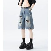 Threebooy Distressed Denim Shorts mens Ripped Pocket Streetwear Summer Fashion Trendy Urban Vintage Casual Women Men Comfort Stylis